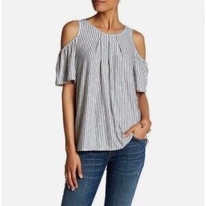 Max Studio Women’s Cold Shoulder Pleated Top – Navy/White Striped – Size Medium